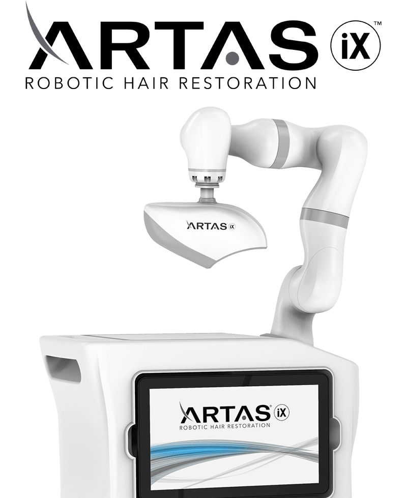 ARTAS iX robotic hair restoration system, featuring a robotic arm and touchscreen interface for advanced hair transplant procedures.
