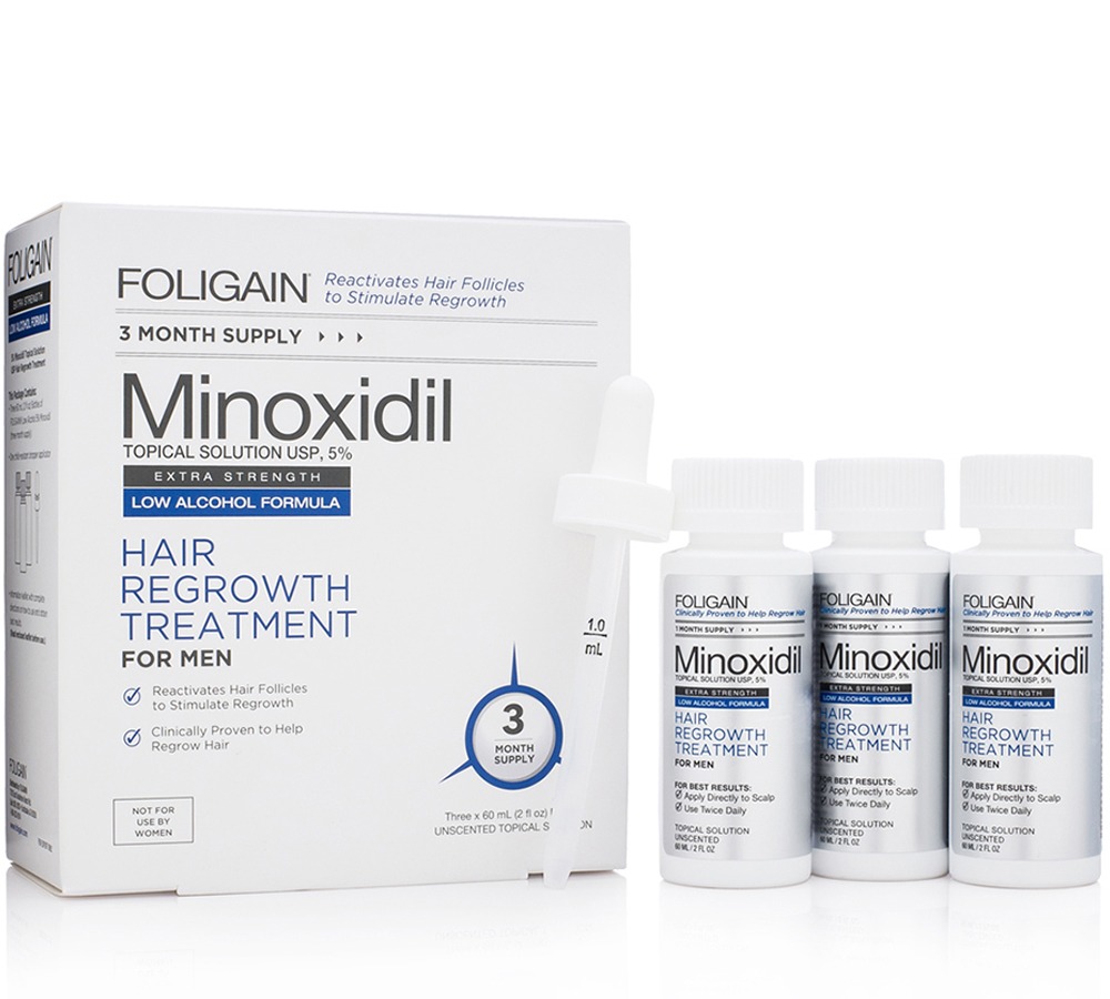 Foligain Minoxidil topical solution for men, featuring a 3-month supply of extra strength hair regrowth treatment bottles and a dropper.