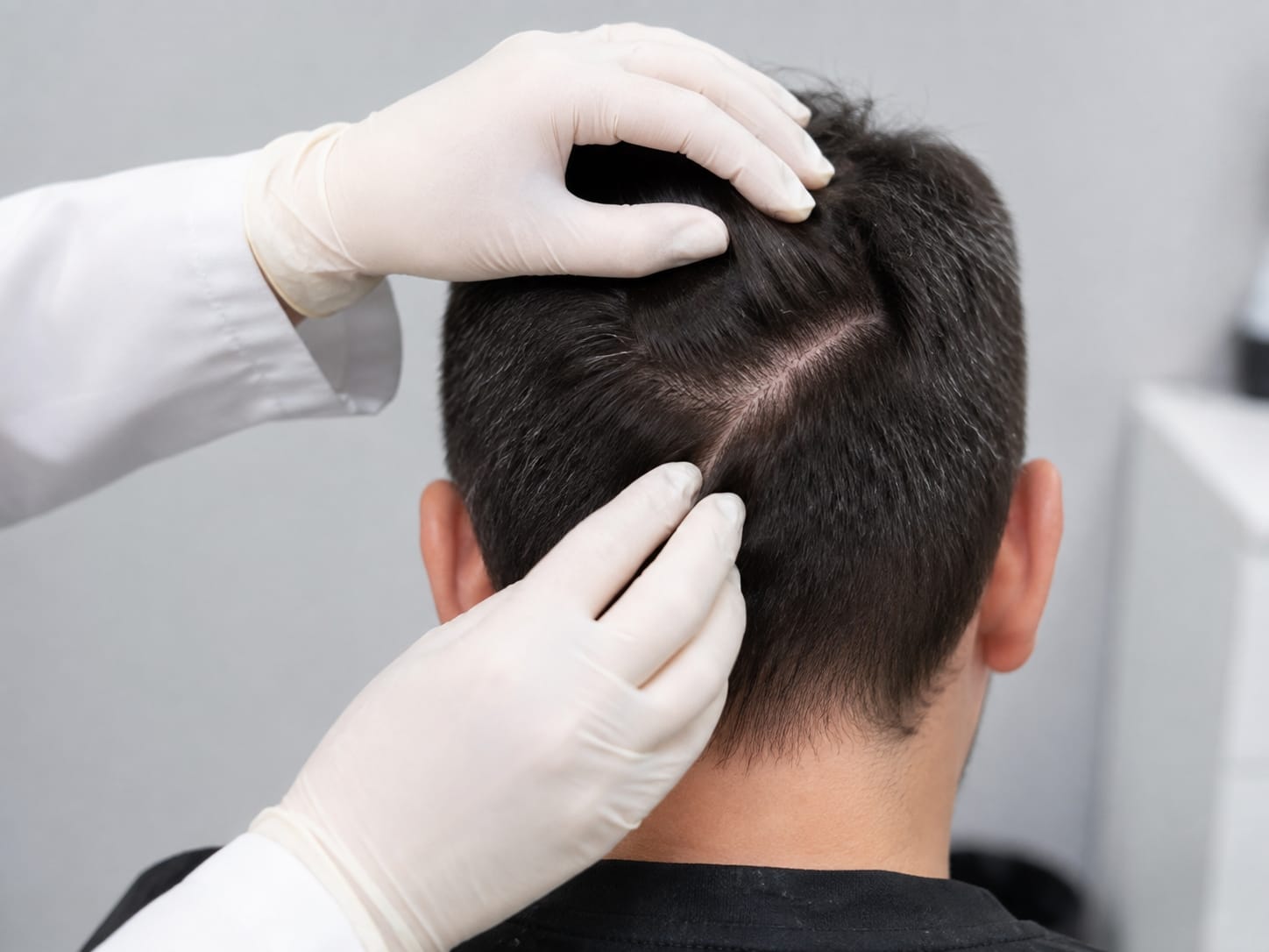 Clinician parting the hair at the back of a patient's scalp to assess the beard donor area