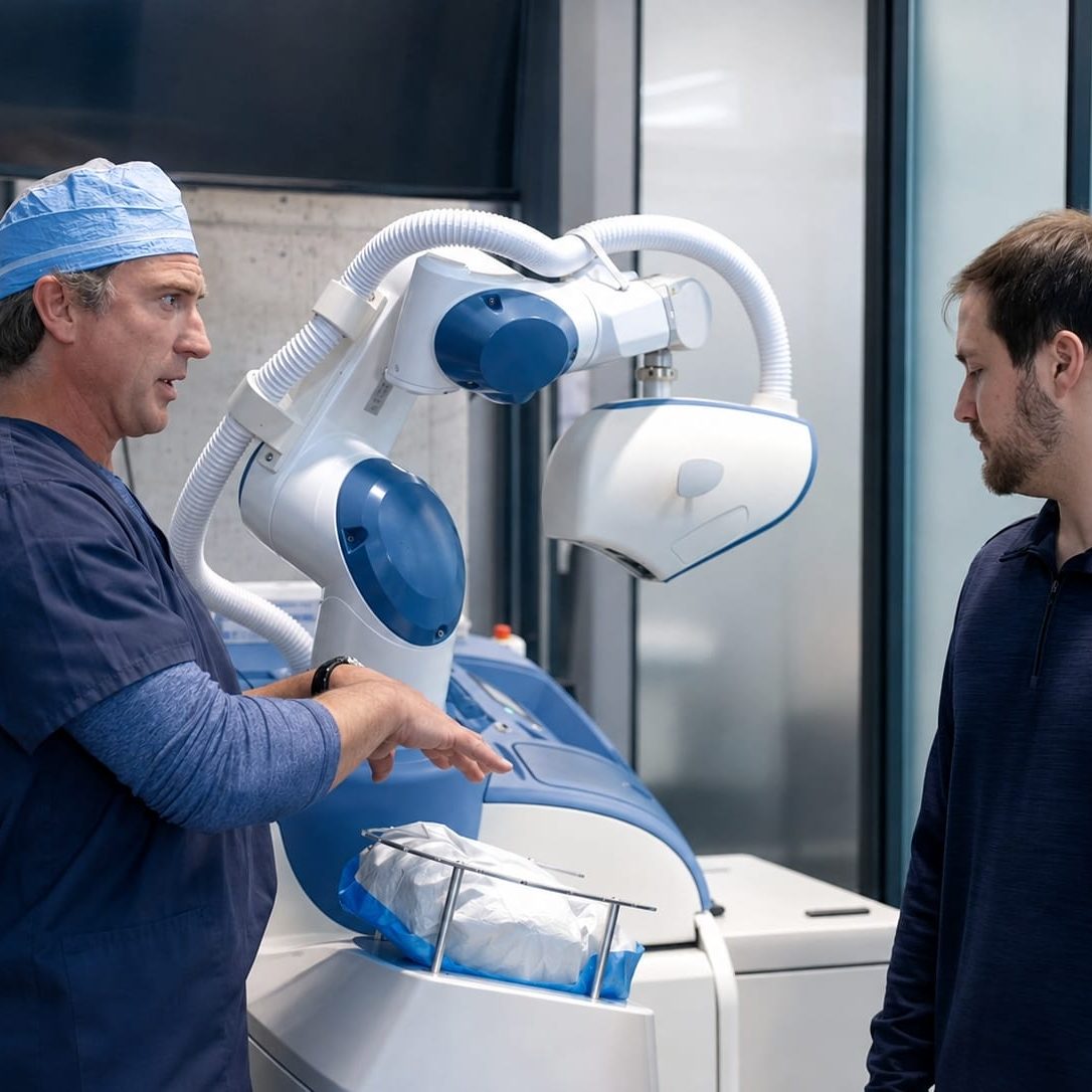 Hair restoration surgeon showing a patient the ARTAS robotic system at the Omaha clinic