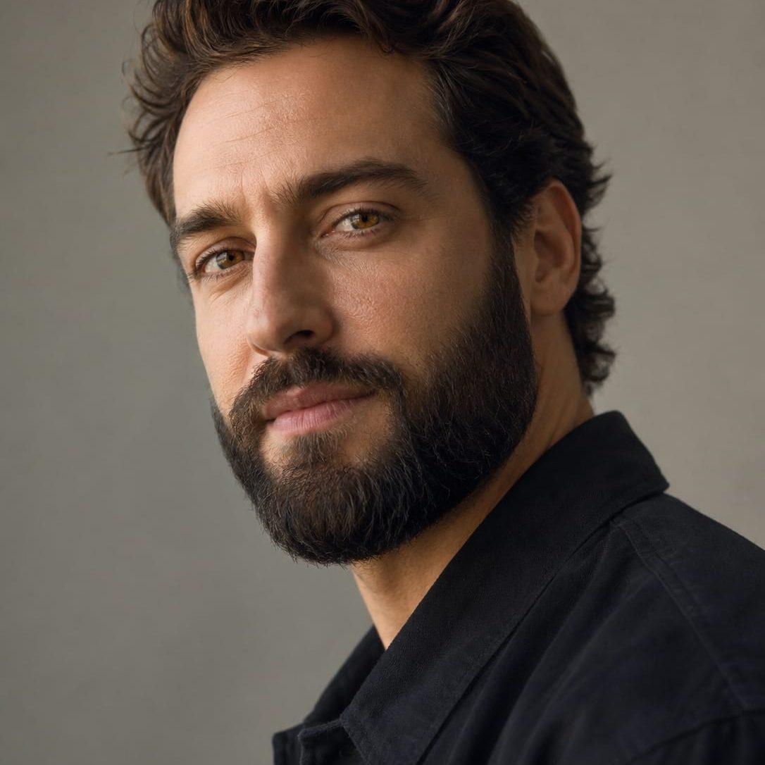 Man in his thirties with a full, evenly grown beard photographed in natural light