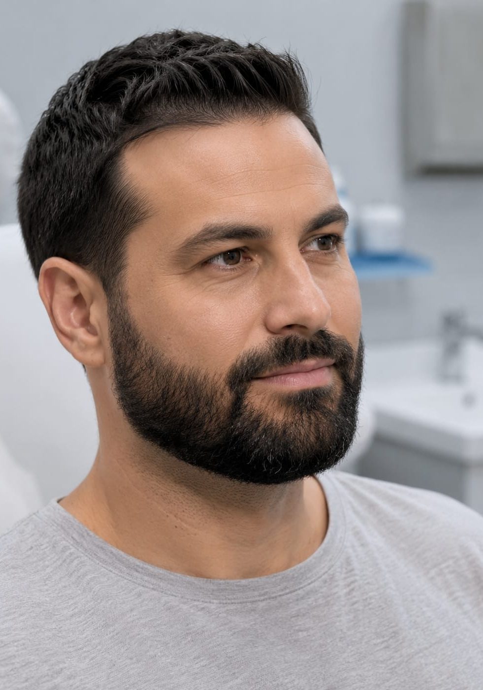 Man with an evenly filled beard photographed in natural light after recovery