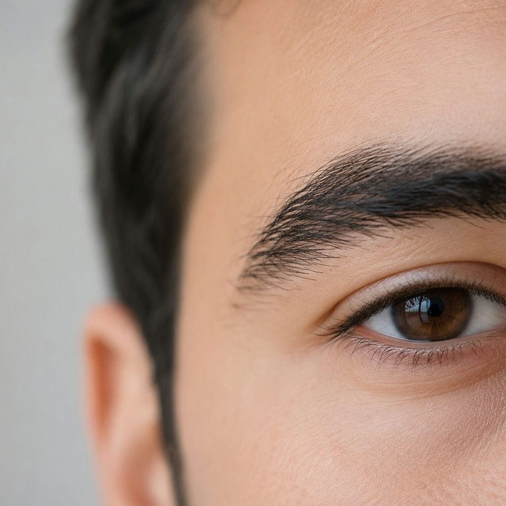 Close view of a person's eyes and naturally full eyebrows in soft daylight