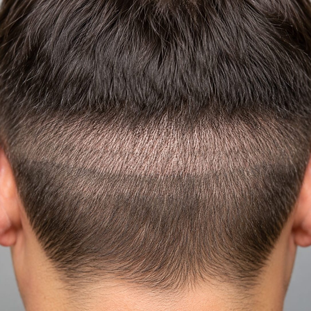Close-up of the back of a man's head showing the donor area where FUT hair is taken