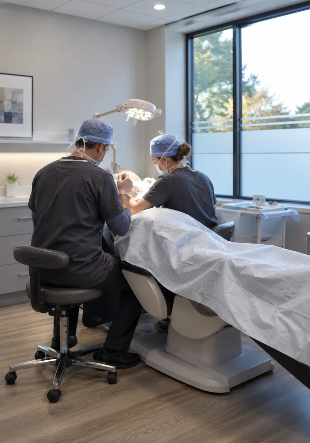 Hair transplant patient reclined in a treatment chair while the surgical team works during a long session