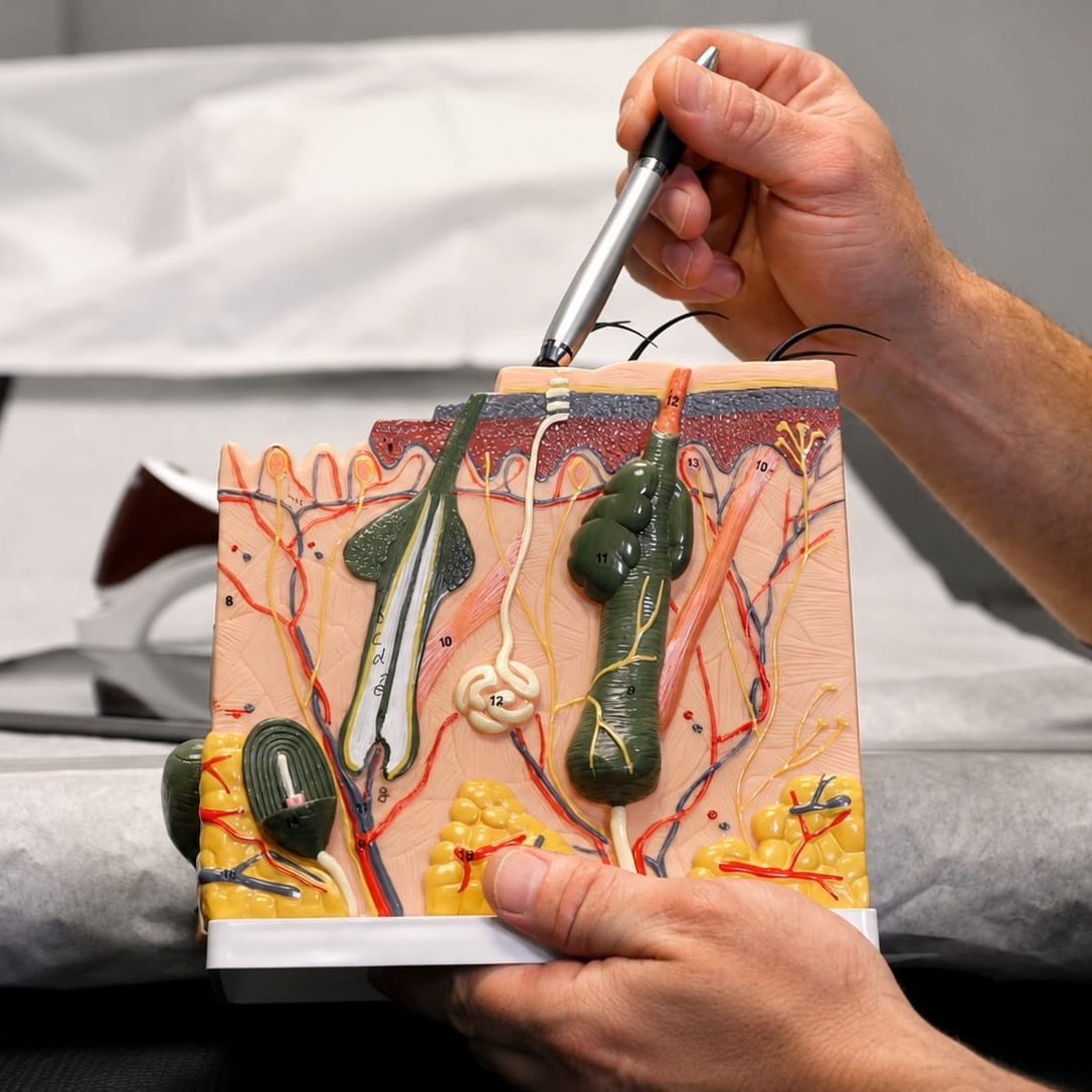 Surgeon pointing to the base of a hair follicle on a cross-section scalp anatomy model