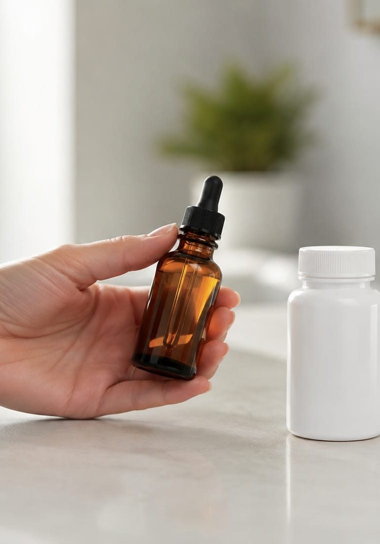 Unlabelled topical hair treatment and prescription bottles on a clean counter