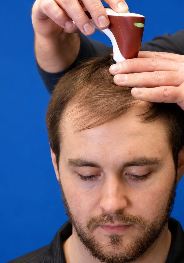 Patient having his receding hairline measured with a handheld scalp camera at a hair loss consultation