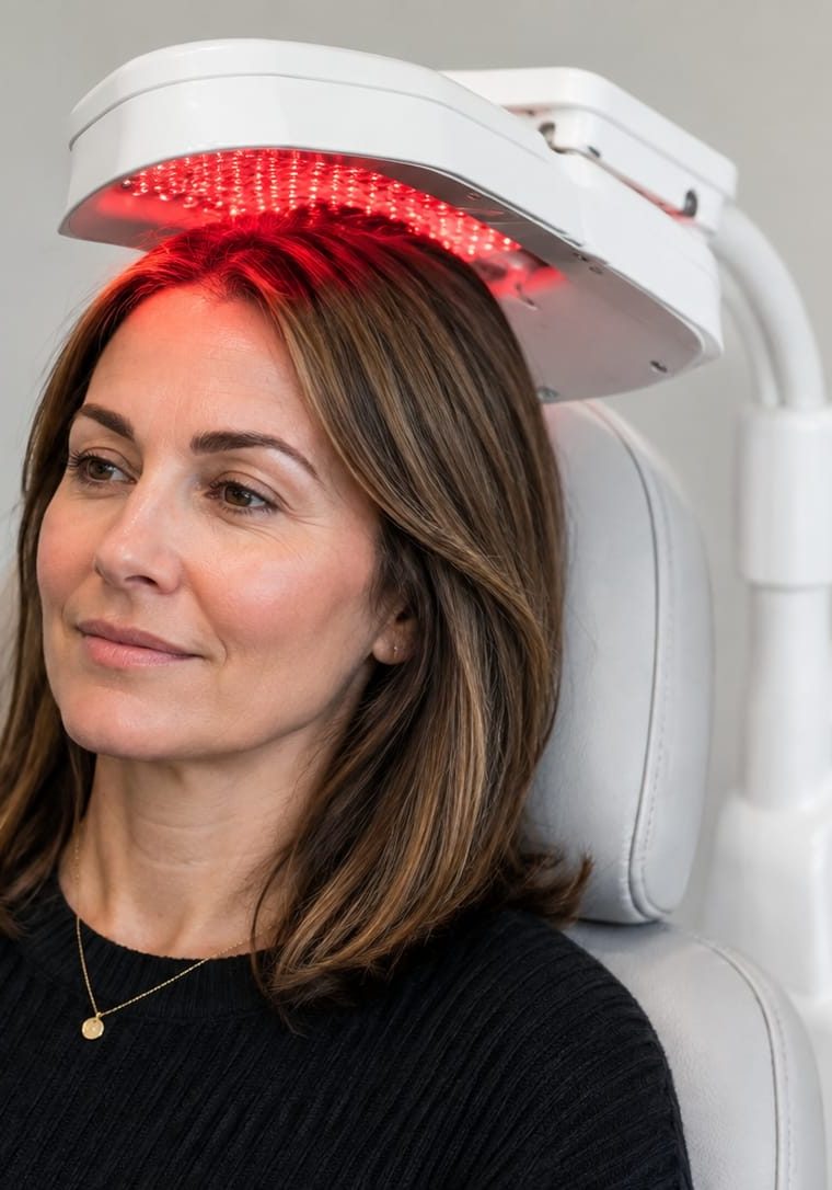 Person wearing a low-level laser therapy cap used for hair growth