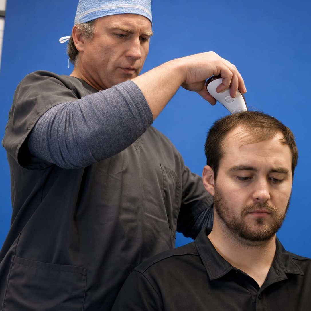 Surgeon in a scrub cap assessing a patient's crown with a handheld scalp device