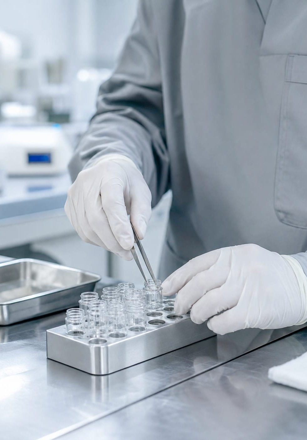 Technician processing follicle samples in a clinic laboratory