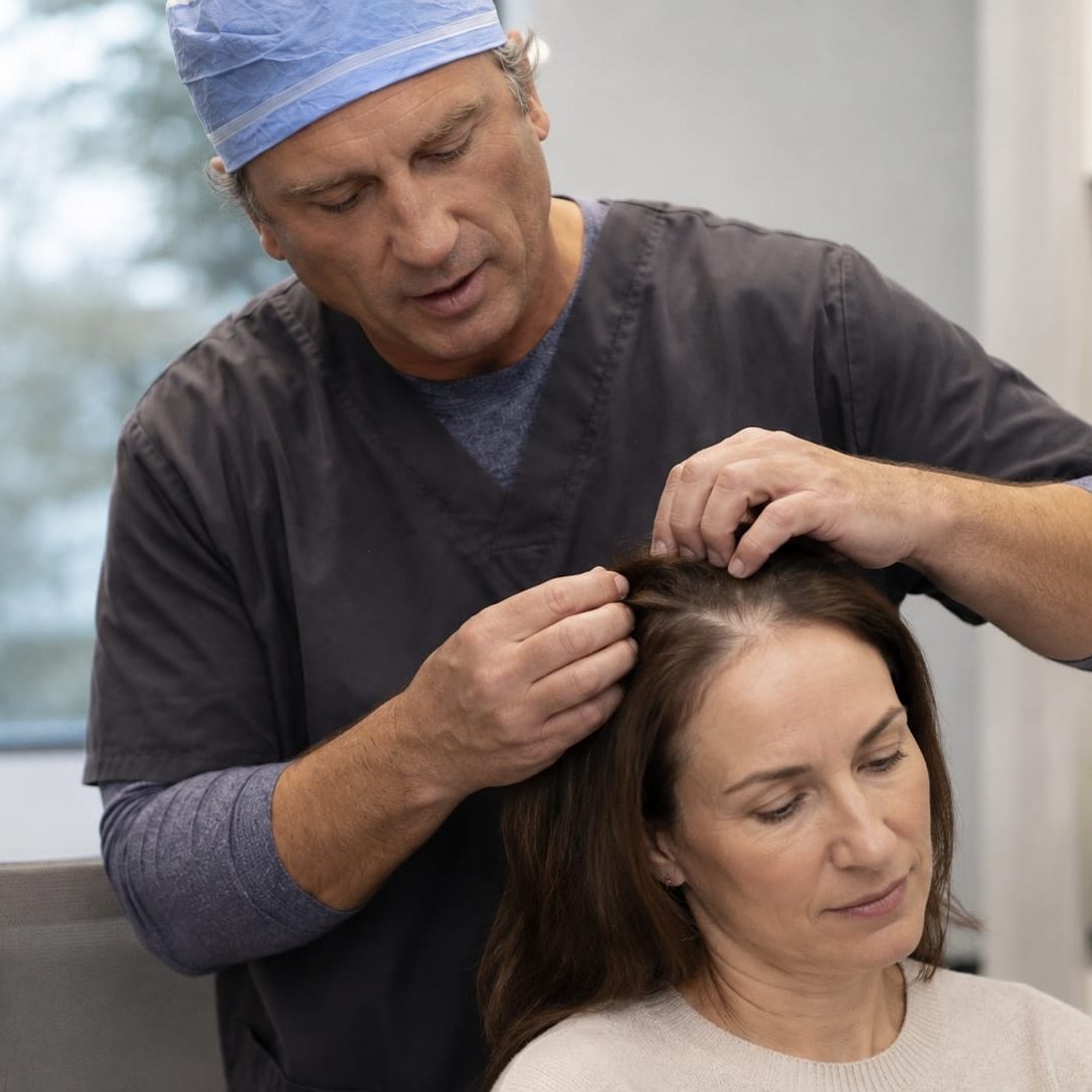 Woman having her scalp examined during a hair loss consultation